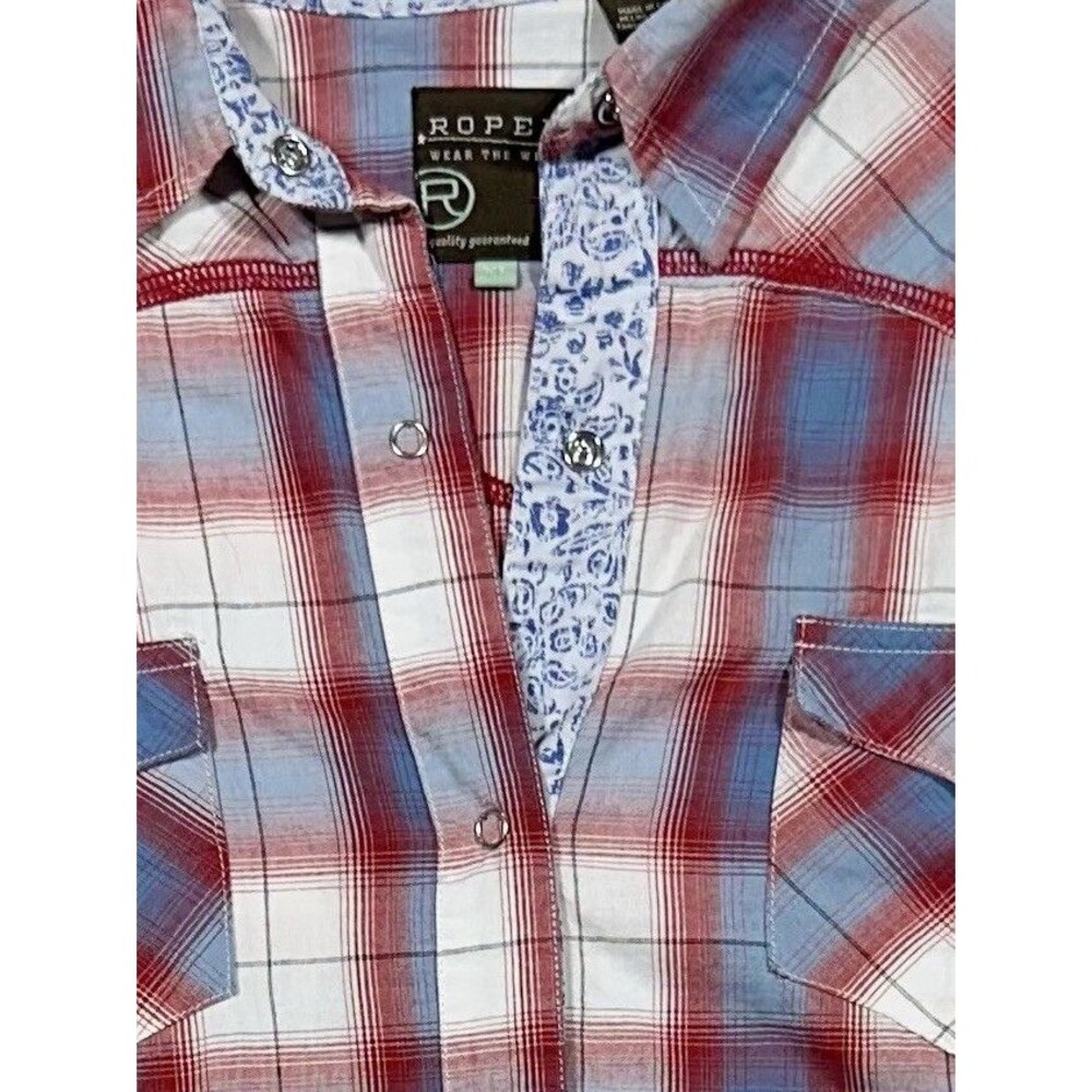Roper Western Shirt Women’s XL Red Blue Plaid Paisley Snap Long Sleeve Cotton - Picture 5 of 11